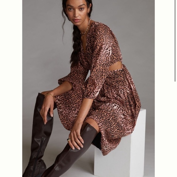 NWT Anthropologie Leopard Print Cutouts Puffy Sleeves Dress Size XS - Picture 1 of 12